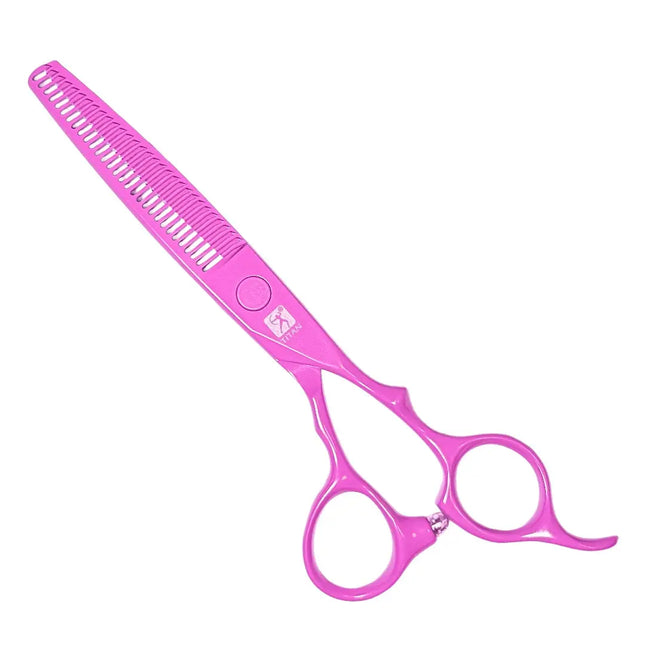 Pink professional hairdressing scissors with a comb blade and ergonomic handles, shown on a plain white background.