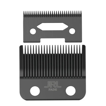 JRL FF2020C Fade Blade – Precision Clipper Blade Set JRL Two black metal hair clipper blades shown on a plain white background, one above the other, with the brand name 'JRL FADE' debossed on the lower blade.