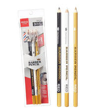 A set of three Red by Kiss professional barber pencils, with packaging that includes a built-in sharpener and emphasizes precision for hair and beard styling.
