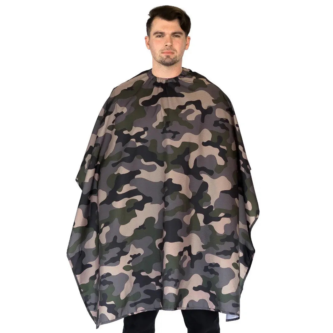 Barber Strong Camo Barber Cape | Static‑Free, Water‑Resistant - BUYBARBER.COM