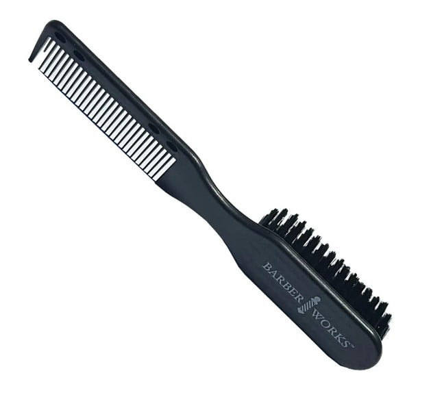 A black double sided clipper-comb brush with 'BARBER WORKS' branding on the handle.