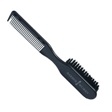 A black double sided clipper-comb brush with 'BARBER WORKS' branding on the handle.