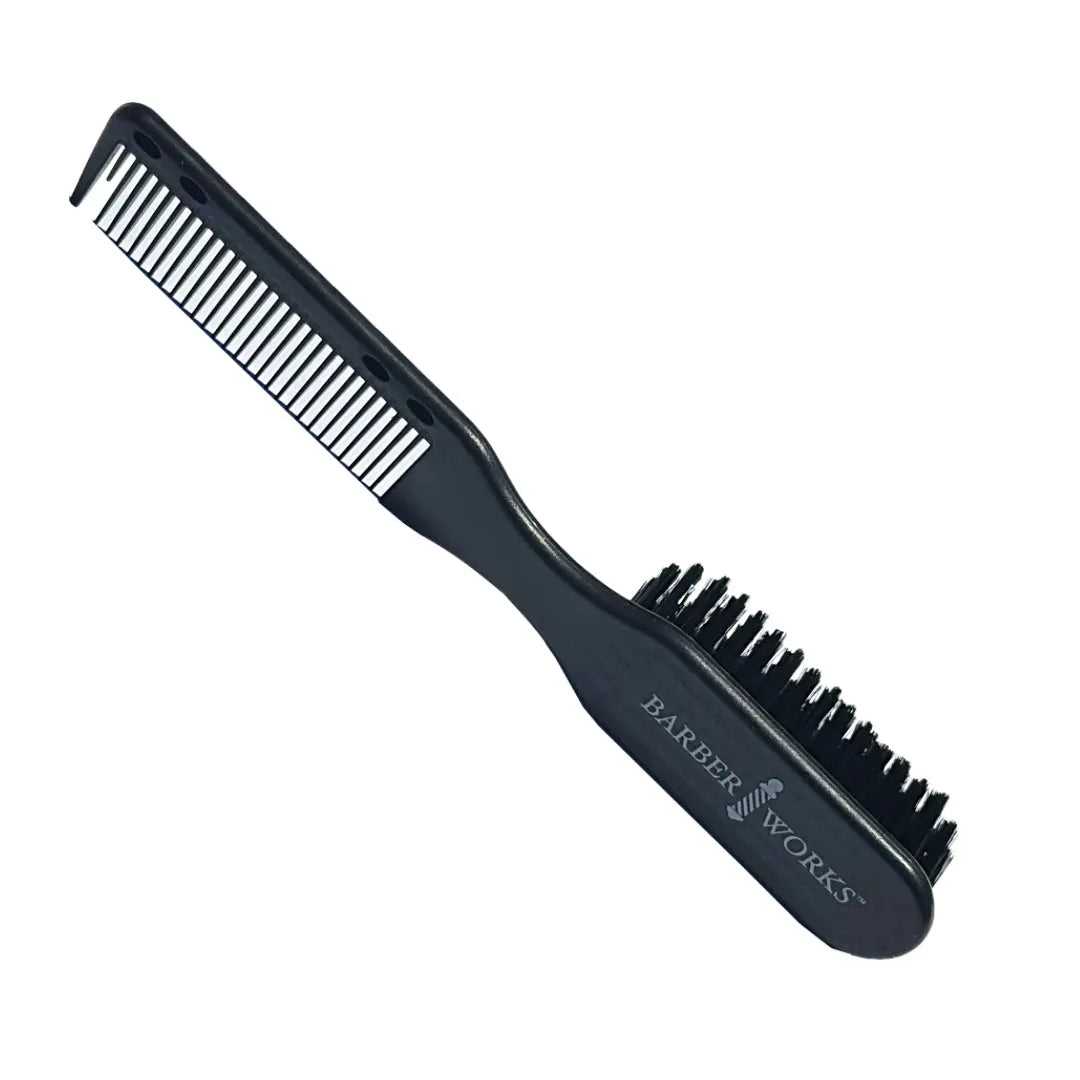 A black double sided clipper-comb brush with 'BARBER WORKS' branding on the handle.