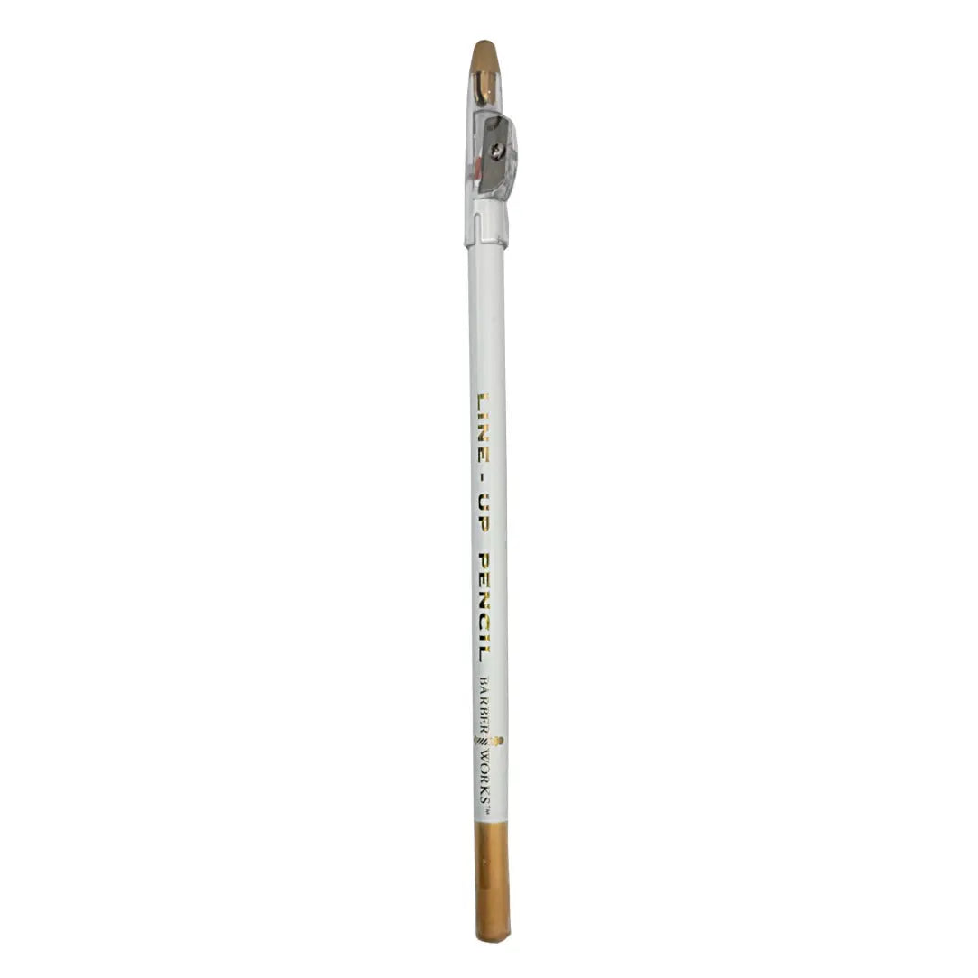 Barber Works barber line-up pencil with white casing and brown tip on a white background