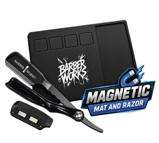 Barber Works magnetic mat and razor set on a white background, featuring a black rectangular magnetic mat with Barber Works logo, a black straight razor, a black magnetic cover, and a blue and white 'MAGNETIC MAT AND RAZOR' badge overlay.