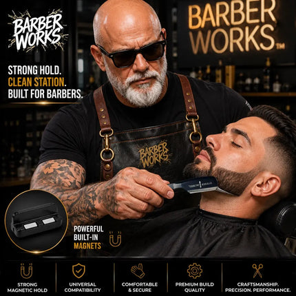 A bearded barber wearing a Barber Works apron and sunglasses holds a black magnetic trimmer against another bearded man's face in a barbershop setting. The image includes Barber Works branding, product feature text, and a circular inset showing the magnetic trimmer inside a black case.