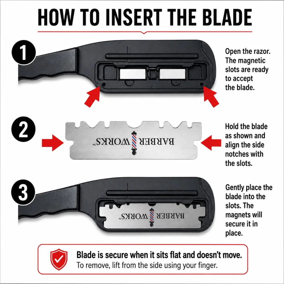 Instruction diagram showing how to insert a razor blade into a black magnetic razor, with three numbered steps and red arrows pointing to the slots and blade.