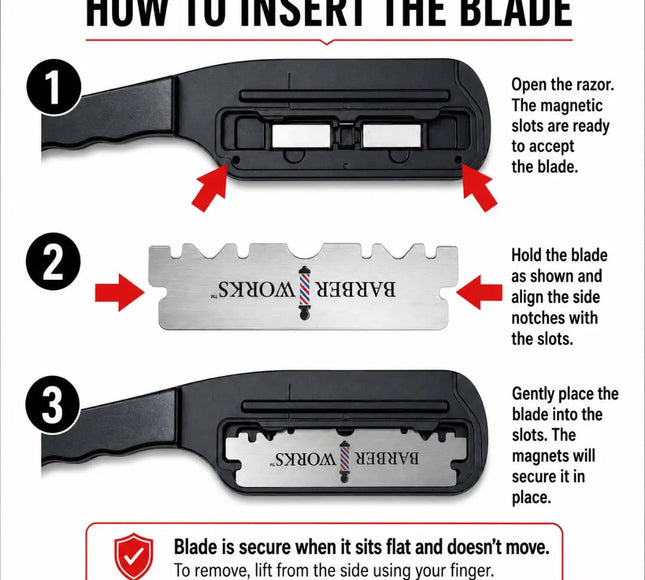 Instruction diagram showing how to insert a razor blade into a black magnetic razor, with three numbered steps and red arrows pointing to the slots and blade.