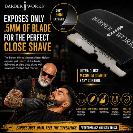 Barber Works magnetic close shave holder shown in a promotional graphic with a razor, marketing text, and a lifestyle photo of a barber shaving a client.