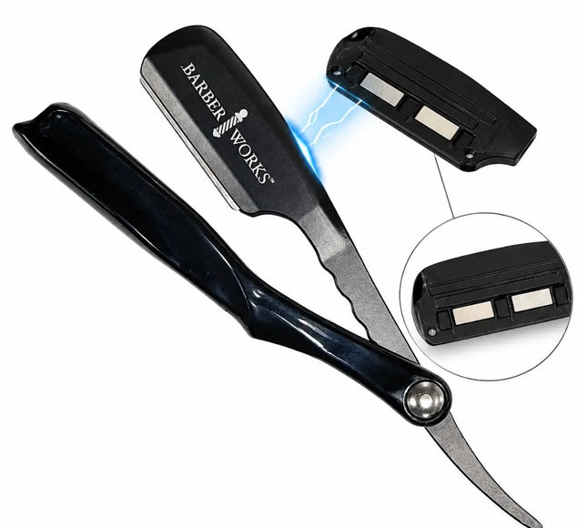 A black and silver straight razor shown on a white background, with inset views of its built-in LED light and a circular detail callout. The handle is printed with the brand name 'BARBER WORKS'.