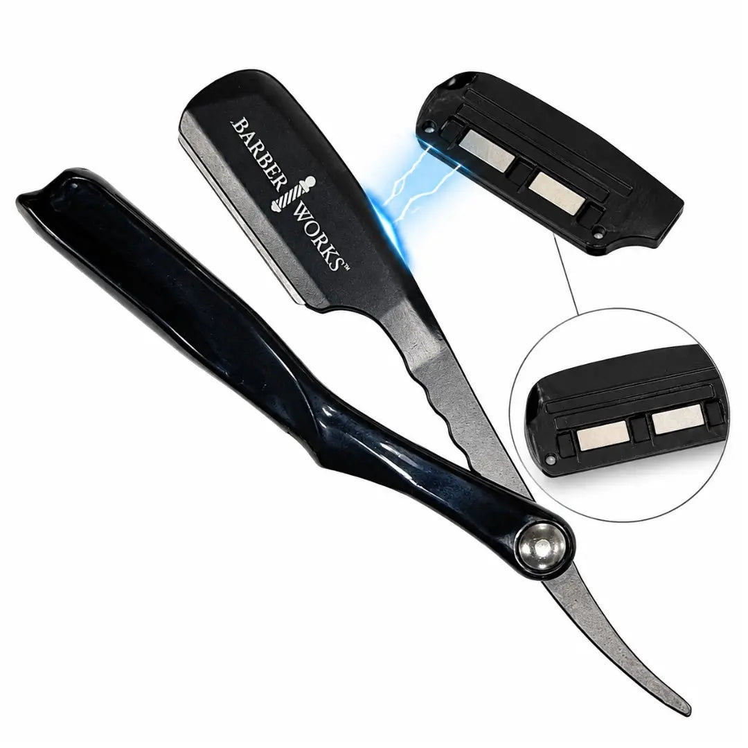 A black and silver straight razor shown on a white background, with inset views of its built-in LED light and a circular detail callout. The handle is printed with the brand name 'BARBER WORKS'.