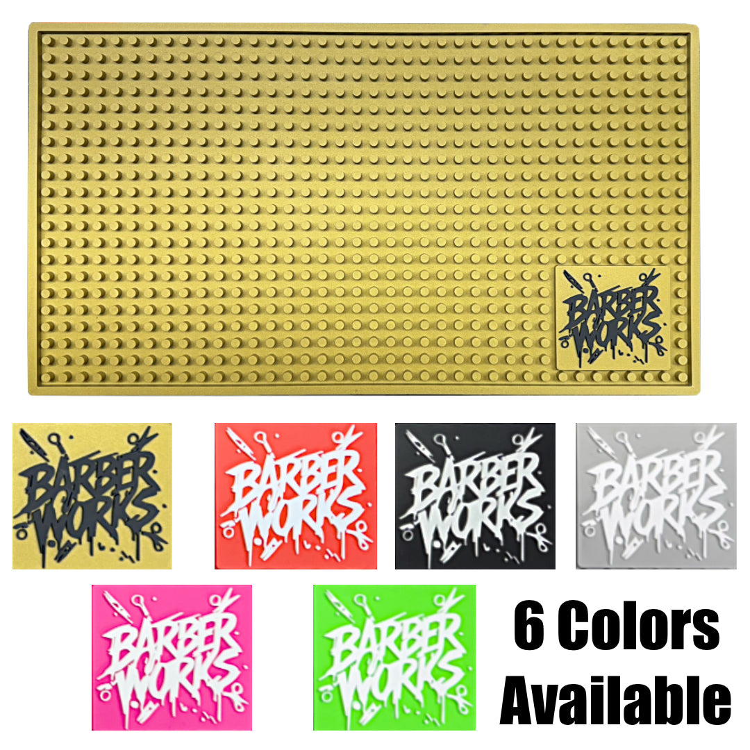 “Close‑up of non‑slip Barber Works barber mat with vibrant colors and waffle grooves”

