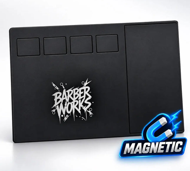 A black magnetic barber station mat skin or decal set featuring a white 'Barber Works' logo and a blue 'MAGNETIC' badge, shown on a black tablet against a white background.