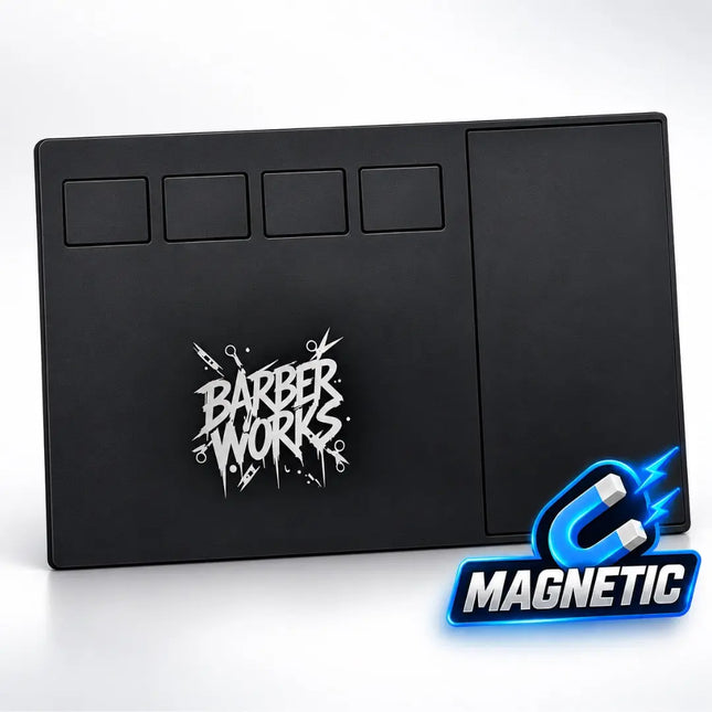 A black magnetic barber station mat skin or decal set featuring a white 'Barber Works' logo and a blue 'MAGNETIC' badge, shown on a black tablet against a white background.