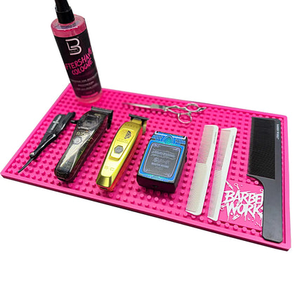 Barber Works Professional Station Mat 17.5" × 10" – Heavy‑Duty, Water & Heat Resistant Non‑Slip Tool Mat - BUYBARBER.COM