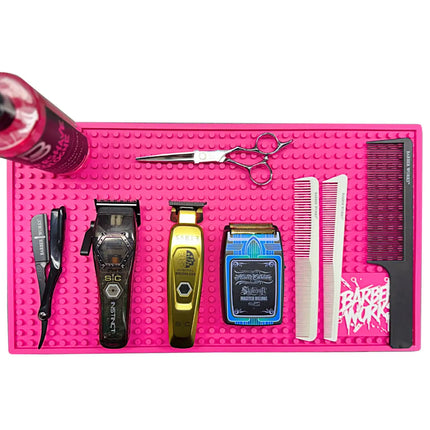 Barber Works Professional Station Mat 17.5" × 10" – Heavy‑Duty, Water & Heat Resistant Non‑Slip Tool Mat - BUYBARBER.COM