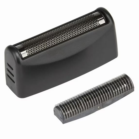 Black and silver metal shaver head on a white background