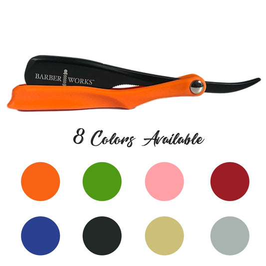 "Barber Works Professional Razor Holder – Micro Exposed 0.5mm Blade, Available in 8 Colors: Black, Red, Blue, Bubble Gum Pink, Orange, Green, Silver, and Gold"






