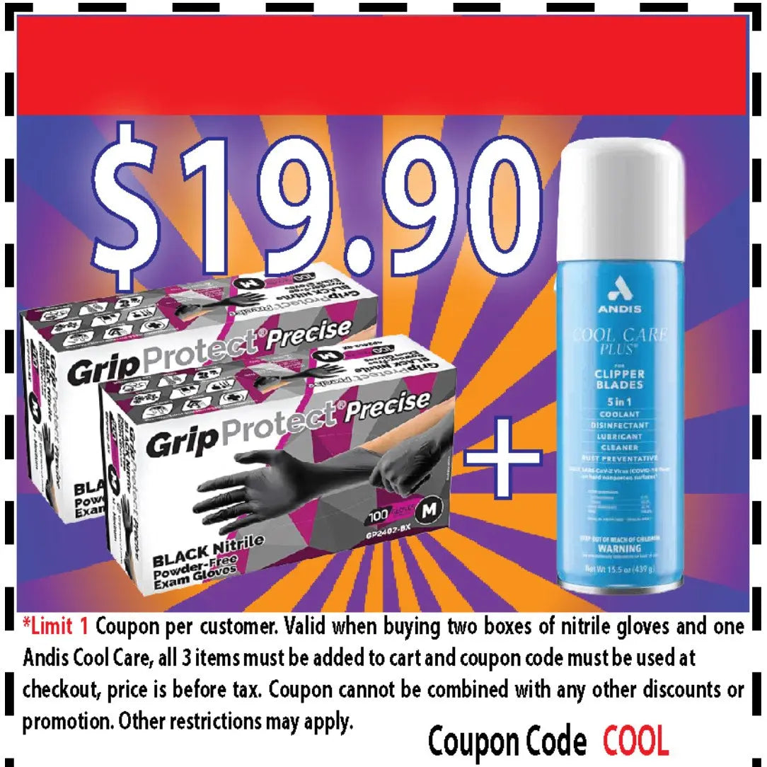 Cool Care Plus Clipper Spray + two Black Nitrile Barber Gloves Bundle BUYBARBER.COM