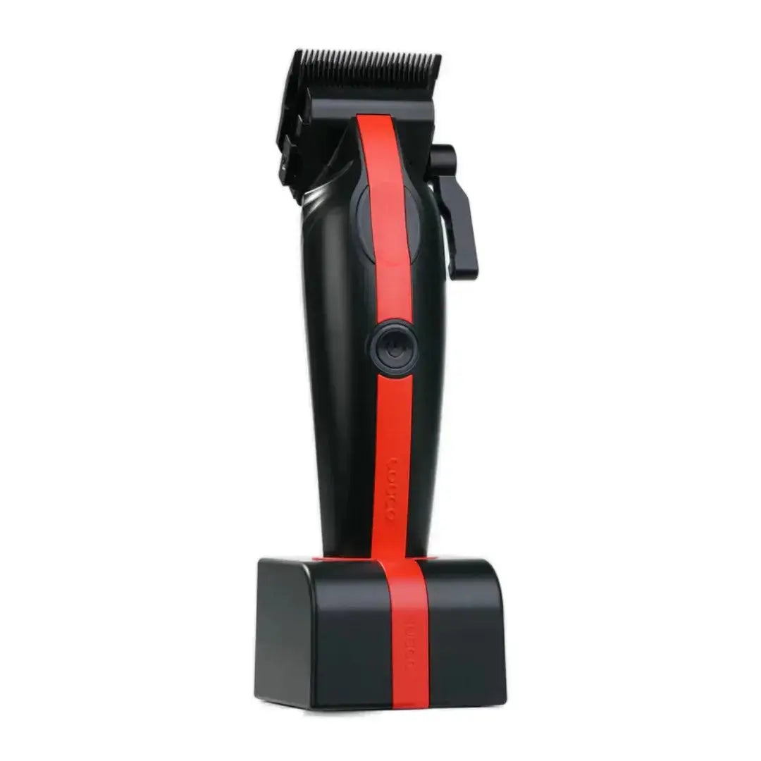 Black and red hair trimmer on a white background