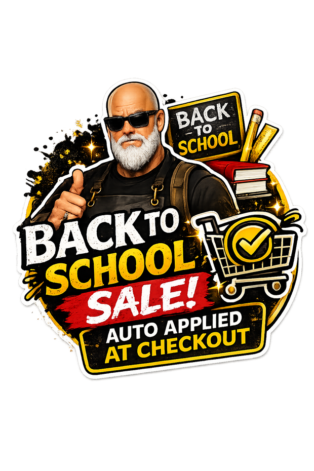 A promotional sticker or decal design featuring a bald man with a white beard and sunglasses giving a thumbs-up, with school-themed graphics including books, pencils, a shopping cart with a checkmark, and large text reading 'BACK TO SCHOOL SALE!' and 'AUTO APPLIED AT CHECKOUT'.