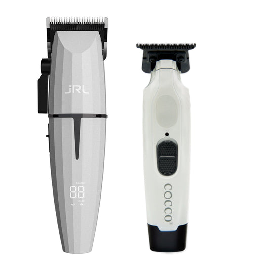 “Pearl-white JRL GHOST cordless clipper and Cocco Veloce Pro trimmer side-by-side in professional bundle.”


