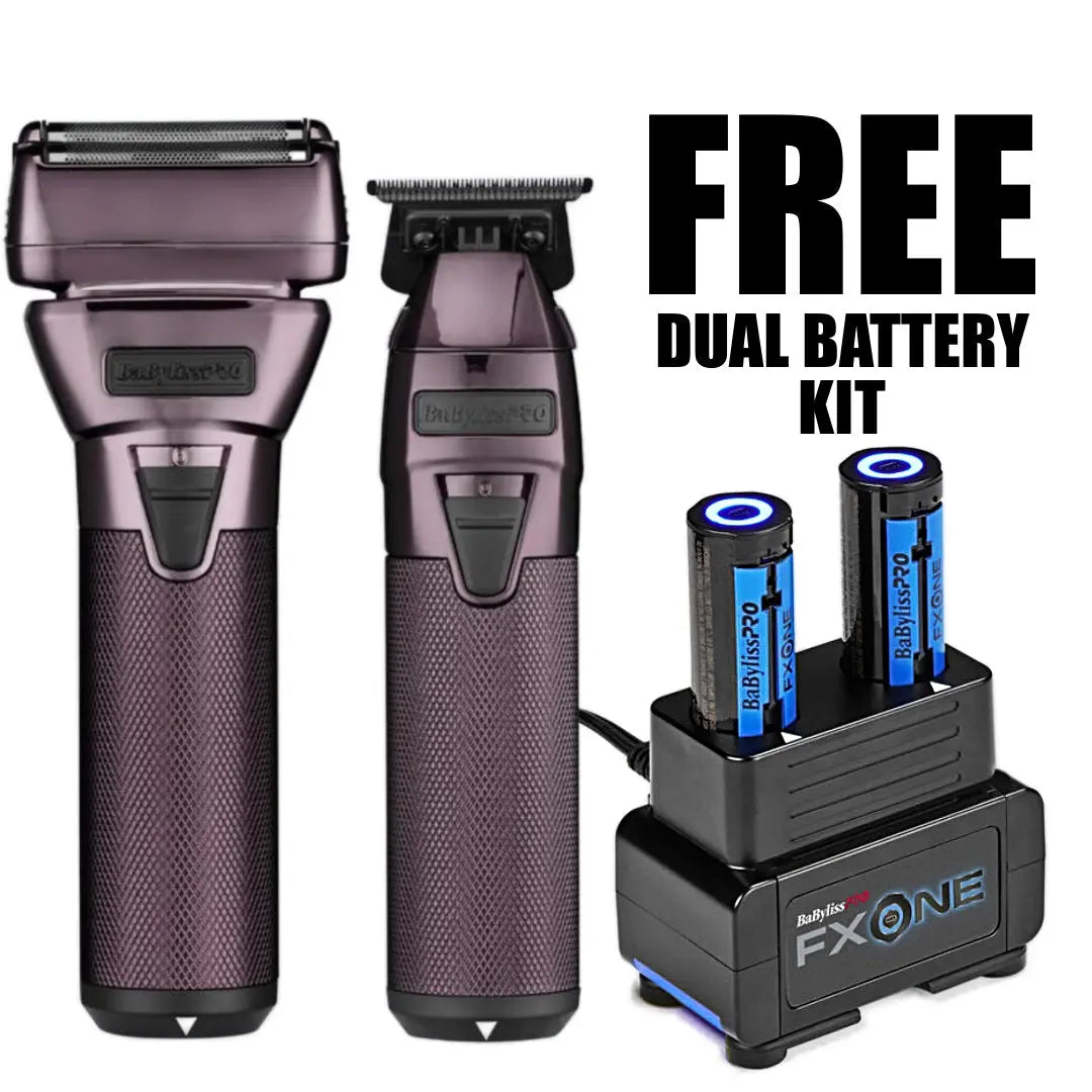 The image shows a BaBylissPRO FXONE Limited Edition Nightfall Trimmer and Shaver Prepack. The devices are in a Nightfall purple color with a textured pattern.