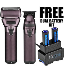 The image shows a BaBylissPRO FXONE Limited Edition Nightfall Trimmer and Shaver Prepack. The devices are in a Nightfall purple color with a textured pattern.