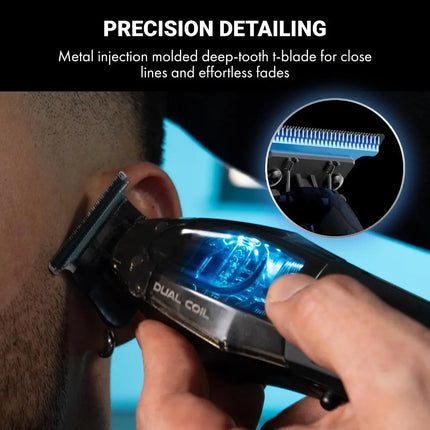Shaving tool with close-up of blade and text about precision detailing.