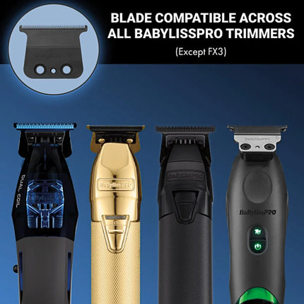 Four BabylissPRO trimmers in different colors (black, gold, dark gray, and black with green accents) are shown against a dark blue gradient background, with a black banner at the top stating 'BLADE COMPATIBLE ACROSS ALL BABYLLISPRO TRIMMERS (Except FX3)' and a circular inset showing a blade.