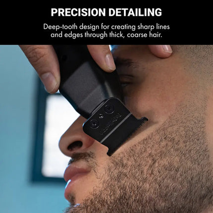 Close-up of a man's face with a black electric trimmer being used on his beard, with a black text banner at the top reading 'PRECISION DETAILING' and 'Deep-tooth design for creating sharp lines and edges through thick, coarse hair.'.