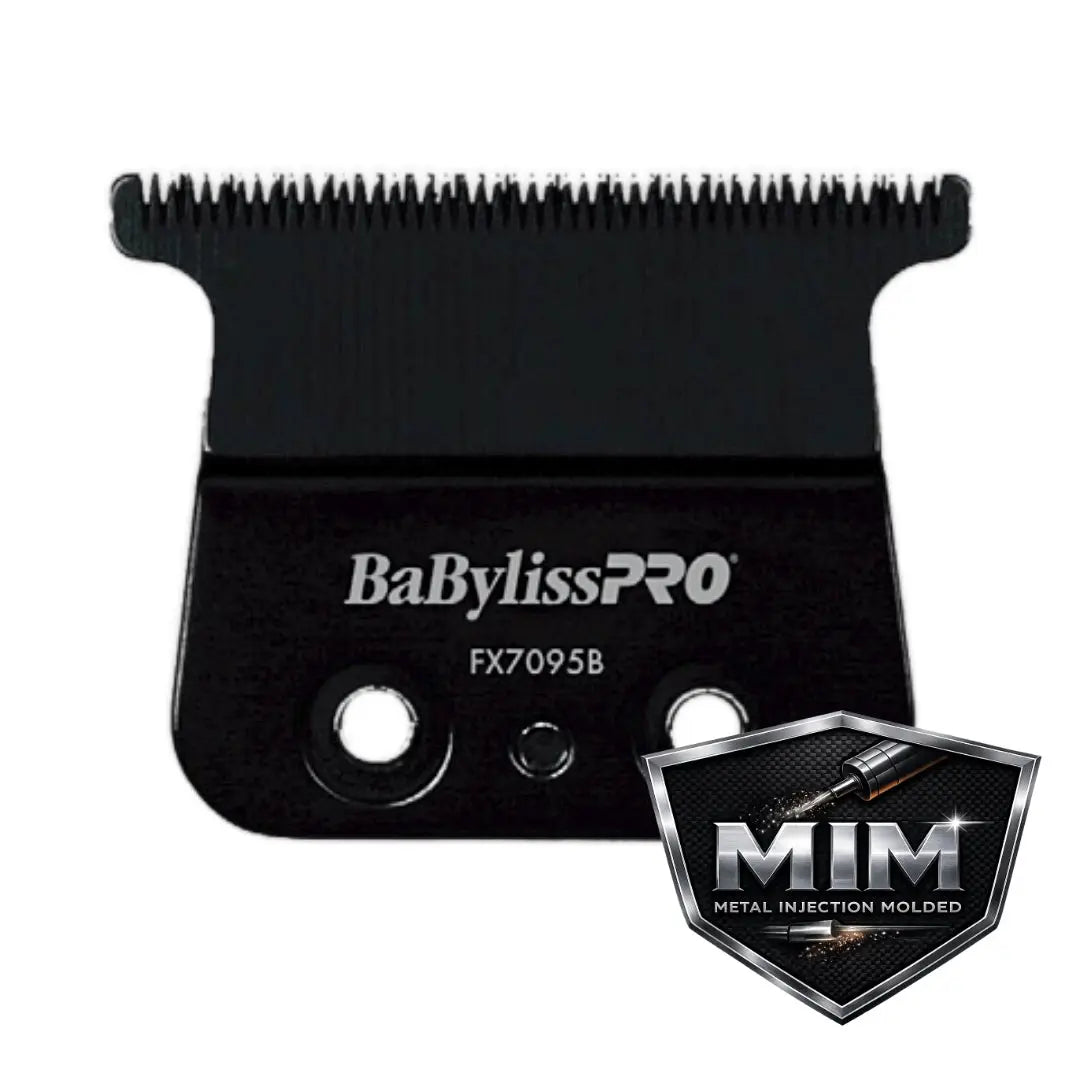 A black BabylissPRO hair clipper blade, model FX7095B, shown against a plain white background with a 'MIM Metal Injection Molded' badge in the bottom right corner.