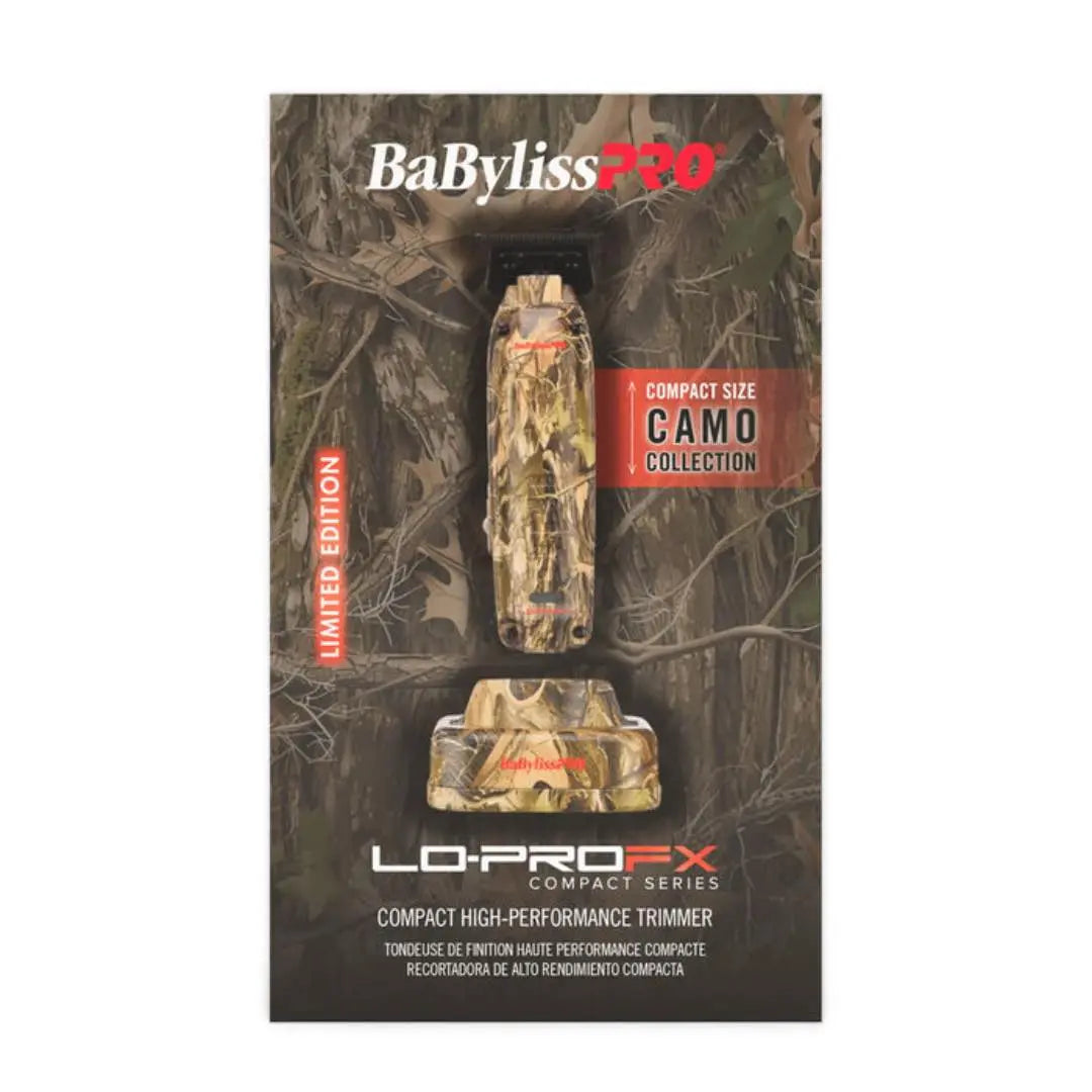 Camouflage packaging of BaBylissPRO LO-PRO FX trimmer with tree branch background