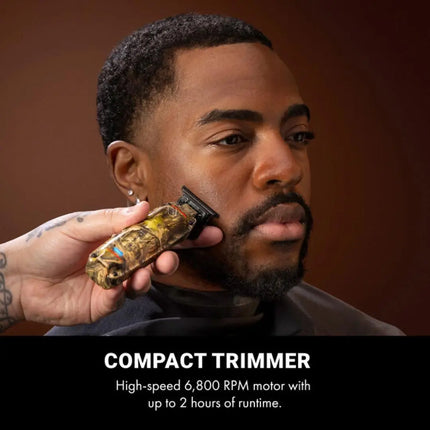 BaBylissPRO Camo LO-PROFX Compact Trimmer (Limited Edition) Man using a compact hair trimmer with text about its features.