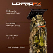 BaBylissPRO Camo LO-PROFX Compact Trimmer (Limited Edition) Camouflage grooming tool with features listed on a brown background