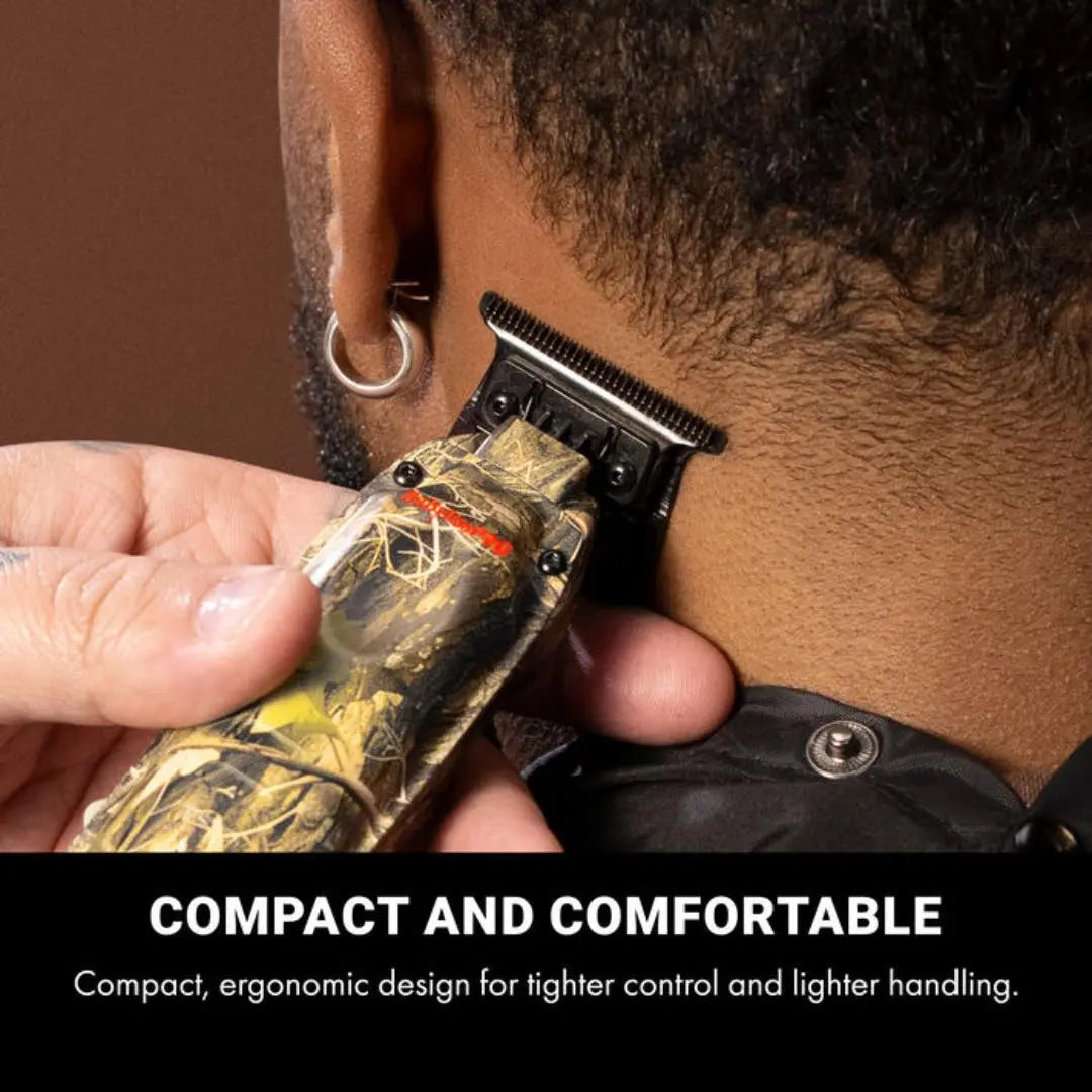BaBylissPRO Camo LO-PROFX Compact Trimmer (Limited Edition) Person using a camouflage-patterned hair trimmer on their head with text highlighting compactness and comfort.