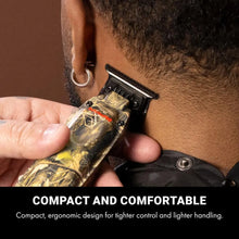 BaBylissPRO Camo LO-PROFX Compact Trimmer (Limited Edition) Person using a camouflage-patterned hair trimmer on their head with text highlighting compactness and comfort.