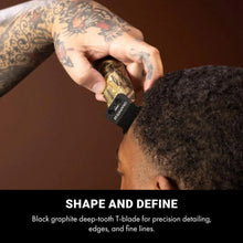 BaBylissPRO Camo LO-PROFX Compact Trimmer (Limited Edition) Person using a grooming tool on their head with text about product features.