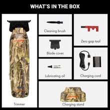 BaBylissPRO Camo LO-PROFX Compact Trimmer (Limited Edition) List of grooming tools included in a box with images and text labels.