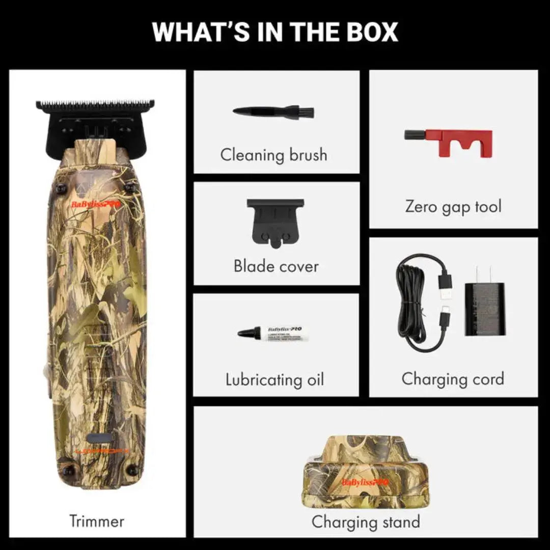 BaBylissPRO Camo LO-PROFX Compact Trimmer (Limited Edition) List of grooming tools included in a box with images and text labels.