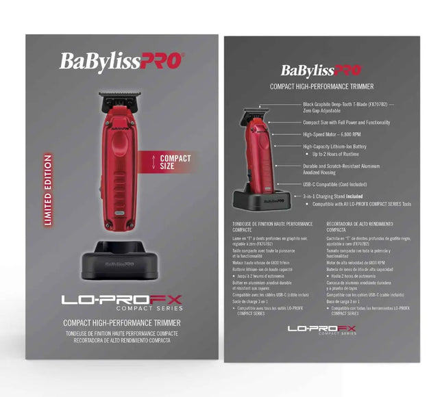 Front and back views of the BaBylissPRO Lo-ProFX Compact Series trimmer retail packaging on a white background. The box is dark gray with a red and black trimmer illustration and text including 'Limited Edition' and 'Compact Size'.