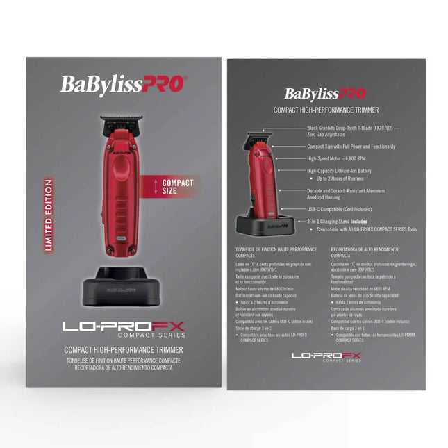 Front and back views of the BaBylissPRO Lo-ProFX Compact Series trimmer retail packaging on a white background. The box is dark gray with a red and black trimmer illustration and text including 'Limited Edition' and 'Compact Size'.
