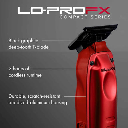 Red BabylissPRO Lo-Pro FX Compact Series cordless clipper shown on a dark gray background with callout text describing the black graphite deep-tooth T-blade, 2 hours of cordless runtime, and durable scratch-resistant anodized-aluminum housing.