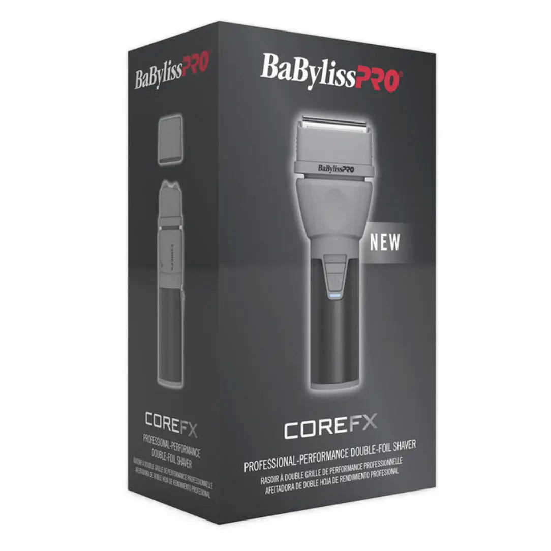 “COREFX waterproof double-foil shaver with magnetic cap and non-slip metal grip.”