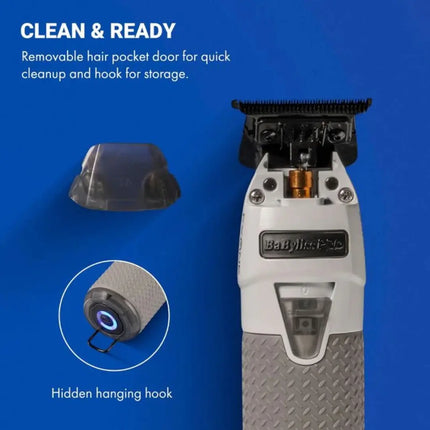 BaBylissPRO FXONE Trimmer Frostbyte Limited Edition Hair trimmer with features highlighted on a blue background