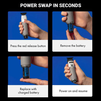 Step-by-step guide on how to swap a battery in a grooming tool with text instructions.