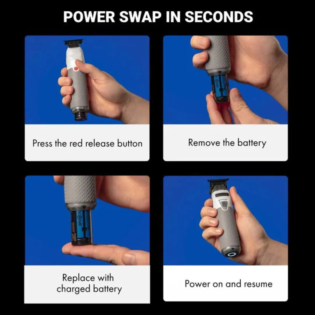 Step-by-step guide on how to swap a battery in a grooming tool with text instructions.