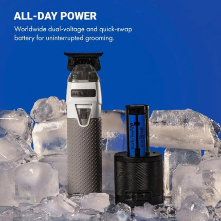 Hair trimmer and battery pack on ice with 'All-Day Power' text against a blue background