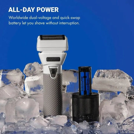 BaBylissPRO FXONE Shaver Frostbyte Limited Edition Electric shaver and battery on a bed of ice with 'All-Day Power' text.