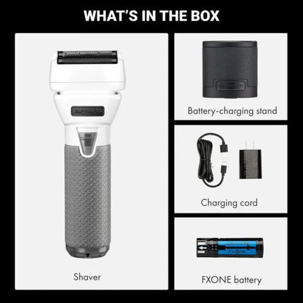 List of items included in a box with a shaver, battery-charging stand, charging cord, and FXONE battery.